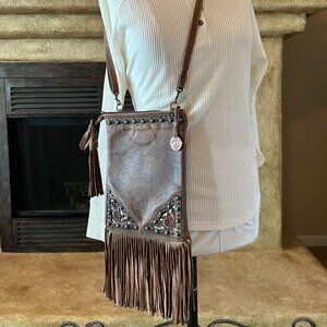Double J Saddlery leather western purse w/ fringe & turquoise